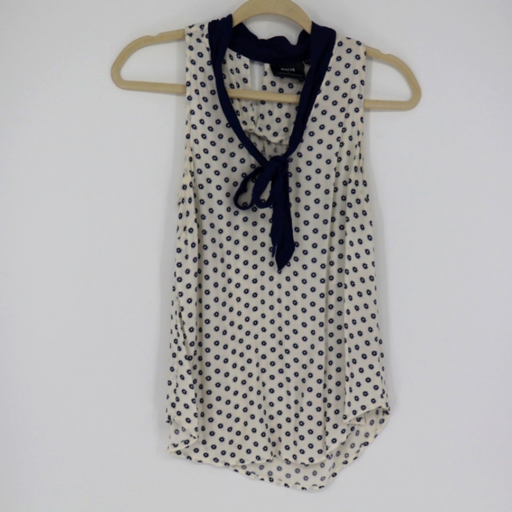Maeve Anthropolgy Cream Polka Dot Tank with Navy Tie Neck